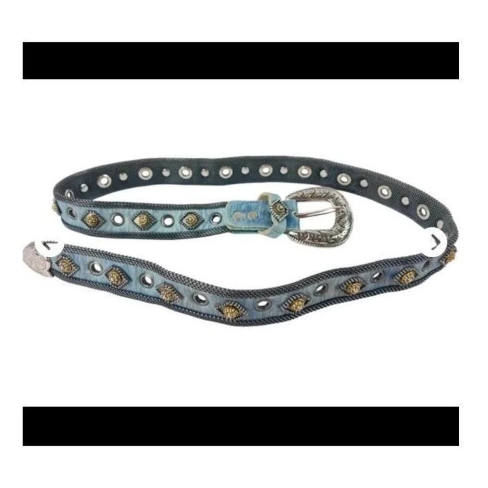 Embellished Blue Metallic Women's Fashion Belt with Ornate Silver Buckle